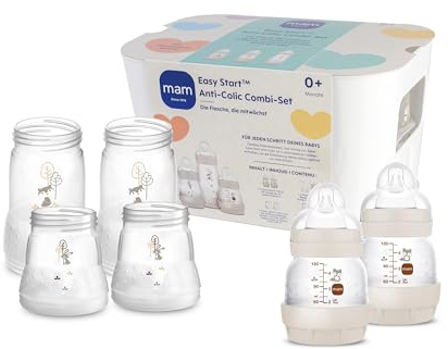 MAM Easy Start Anti-Colic Combi-Set, Babyflaschen Set mit 6 Flaschen gegen Koliken (2 x 130 ml, 160 ml, 260 ml) & Flaschenkorb, Babyausstattung ab der Geburt, beige