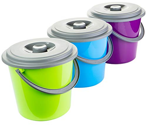 Eimer mit Deckel 10 Liter 3er Set Plastikeimer mit Deckel, Putzeimer Kübel aus Lebensmittelecht Kunststoff, Haushalteimer für Lebensmittel geeignet, 3-farbig Sortiert, Made in EU