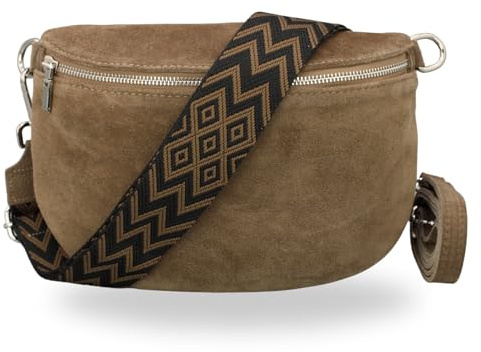 Brise Art AFIA Suede Bauchtasche Wildleder Handgefertigt Crossbody Bag | Damen Umhängetasche, Echtes Wildleder, Schultertasche mit Ledergurt & wahlweise gemustertem Riemen, 3 Fächer, Made in Italy