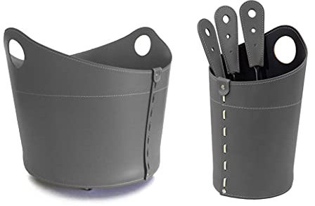 LIMAC Design INCAD - Juego de chimenea de cuero compuesto por leña, utensilios de chimenea y bolsa para accesorios de chimenea de cuero, fabricado en Italia, color gris