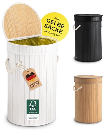 Ecojoo® Premium 60L Gelber Sack Mülleimer aus FSC®-Bambus - doppelt verstärkt, geruchsdicht, Müllsackständer, Behälter Gelbe Säcke, Mülleimer 60L, Gelber Sack Ständer, Müllsackhalter (weiss)