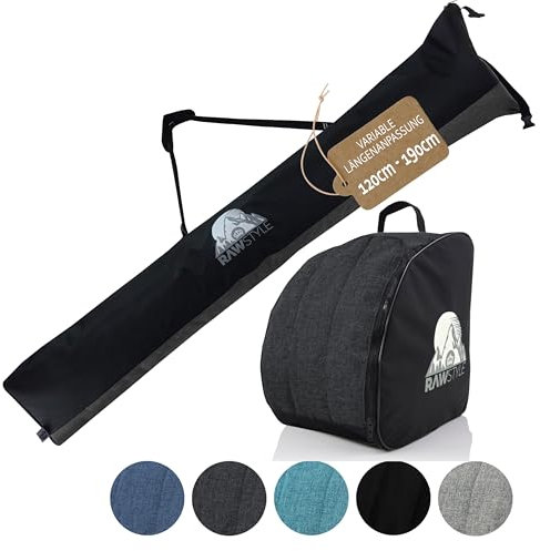 Rawstyle Skitaschen Set Maxi variabel Skisack universal anpassbar 120-190cm Skischuhtasche Skistiefeltasche Rucksack Helm Hart-Soft-Boots Bootbag Tasche Skischuhe Maxi (meliert schwarz)