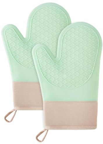 Guanti da forno resistenti al calore, guanti da forno con superficie antiscivolo in silicone, 2 presine in silicone, interno in cotone, guanti in silicone verde per la cucina