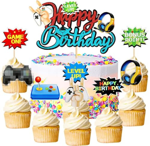 Videospiel Cupcake Toppers, Birthday Kuchenaufsatz, Cake Decoration for Video Games, Happy Birthday Cake Decoration Game Party Supplies for Children Girls Boys Party Cake