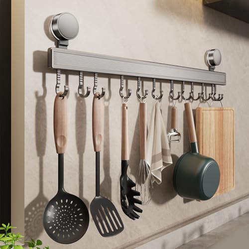 FERCOSEN Barre de Cuisine Ustensile Sans Perçage Avec Ventouse | 12 Crochets, 60 cm de Long, 20 kg Capacité, Montage 1 minute | Barre Amovible en Acier Inoxydable pour Ustensiles de Cuisine