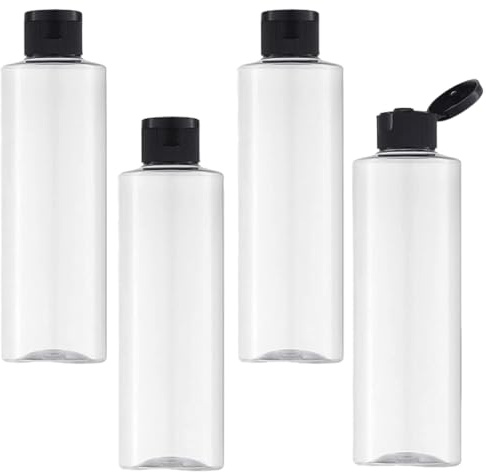 DWFEYOI 4 Pièces 250ML Flacon avec Flip Cap Vide, Rechargeable Bouteille de Voyage pour Cosmétique avec Entonnoir,contenant voyage,flacon voyage(Transparente)