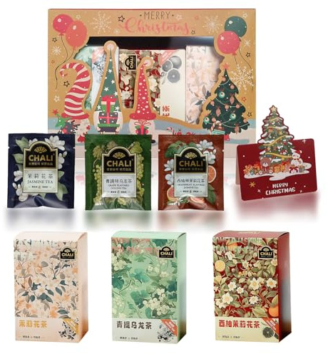 Té de Navidad,Té de flores de Navidad,Tarjeta Navideña,Caja de Sombreros | Té de Jazmín,Jazmín con Pomelo,Oolong de Uva Verde,Caja de regalo de té e infusiones