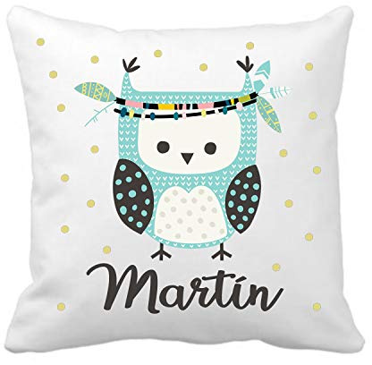 Kembilove Cojín Personalizado Búho - Cojín Infantil Decorativo + con Nombre Niños y Niñas + Ideal para Dormitorio Infantil Guardería Cumpleaños