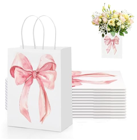 Ruispeed 12 stycken rosa presentpåsar med rosett, 21 x 15 x 8 cm, papperspåsar med handtag, lekfulla idéer för födelsedagar och bröllopsfester, gästfestdekorationer