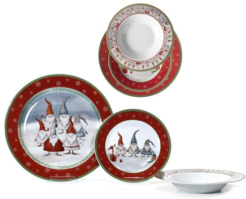 Servizio Piatti Natale completo per 6 Persone 18 Pezzi Babbo natale gnomi rosso in Porcellana tavola elegante natalizia decorazione idea regalo