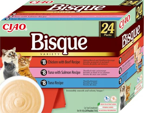 INABA Ciao Bisque Gatos - Receta Saludable de Crema de Pollo y Atún, con Ternera y Salmón - Comida Húmeda - Alimento Complementario Natural, sin Cereales - 960g (24 Sobres x 40g)