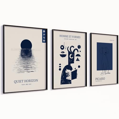 MJ-GRAPHICS® Picasso Poster Set Blau Miro Picasso Bilder mit Rahmen Kunstdrucke Wandbilder Wohnzimmer Deko Schlafzimmer Wanddeko A4 Poster Set Bilder mit Rahmen 3er Set Wandbilder Weißer Rahmen