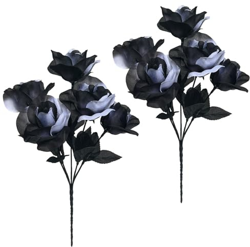 arrderly 2 bouquet di rose artificiali in bianco e nero gotico, decorazioni per Halloween, rose nere, per costume da sposa, festa di nozze, ufficio, decorazione per la casa