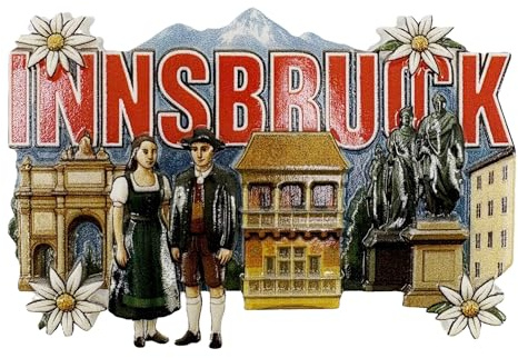 Kühlschrankmagnet Souvenir – Innsbruck Schriftzug mit Sehenswürdigkeiten, Trachten Paar & Edelweiß, 3D Magnet – Reiseandenken Mitbringsel & Geschenkidee
