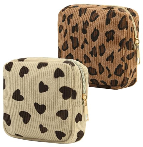 2 stycken små sminkväskor brun necessär dam leopardmönster | Miniväska med dragkedja mini sminkväska kompakt hygienväska för sanitetsbindor läppstift halsband
