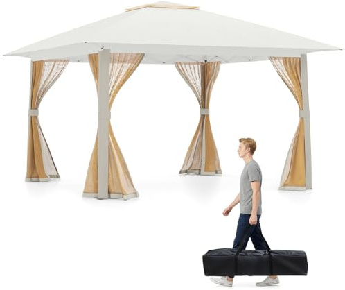 GOPLUS Faltbarer Gartenpavillon 4x4 m, Pop Up Pavillon mit Doppeldach, 4 abnehmbaren Moskitonetzen, stabiler Faltpavillon winterfest, Partyzelt mit robuster Metallrahmen, für Garten & Terrasse (Beige)