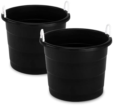 HOMZ 2-Pack Utility Tub, Large Plastic Storage Bucket with Rope Handles, 17 Gallon, Black - Portable Indoor and Outdoor Buckets for Kitchen, Laundry, Garden, Bathroom, and Garage Organization