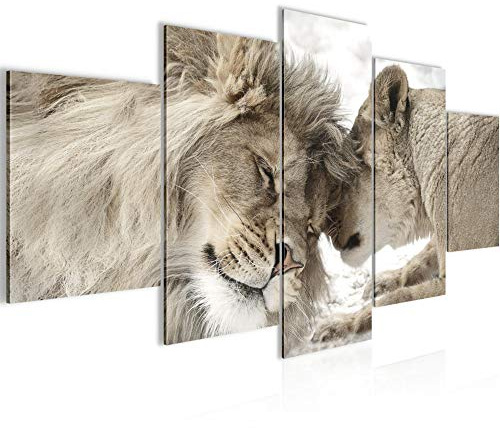 Runa Art Bild Wohnzimmer Schlafzimmer Löwen Liebe 5 Teilig Löwe und Löwin Beige Wandbilder auf Vlies Leinwand 002153b