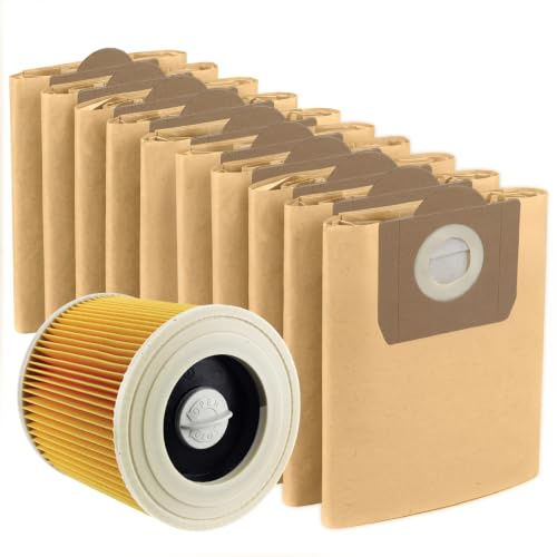 SPARES2GO High Filtration Large Bags + Filter Cartridge for Karcher WD3 WD3P MV3 Wet & Dry Vacuum Cleaner (Pack of 10 + Filter + Fresheners)