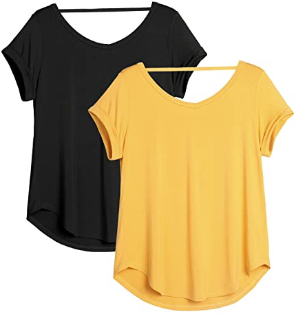 icyzone Damen Rückenfrei Yoga T-Shirt Kurzarm Sport Freizeit Tops Lose V-Ausschnitt Shirt, 2er Pack (L, Schwarz/Gelb)