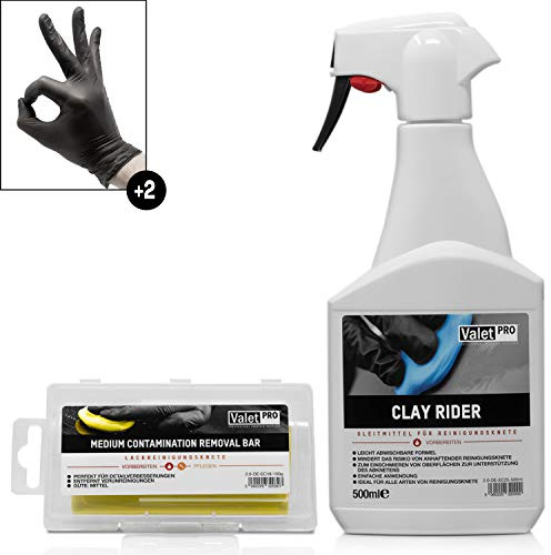 detailmate ValetPRO Reinigunsknete Gleitmittel Set zur schonenden Lackreinigung Auto : Clay Rider - Sprühflasche - 500 ml - Gleitmittel + Reinigunsknete gelb medium - Clay - 100g + Schutzhandschuhe