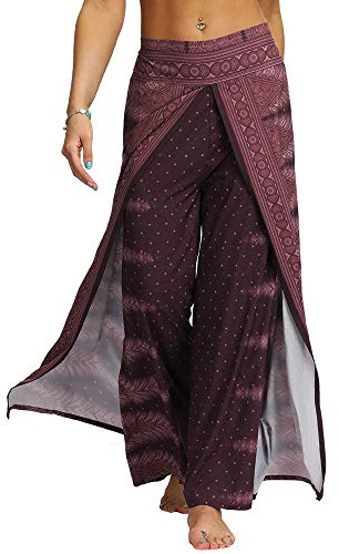 Nuofengkudu Femme Split Baggy Yoga Pantalon Large Jambe Hippie Imprimé Motif Ethnique Leger Mode Taille Haute Pants Ete Plage Decontracte Casual (Violet,S/M)