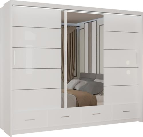 MN Furniture Derry High Gloss & Mirror Sliding Doors Wardrobe with Long Led Light and Bottom Drawers White, 255cm
