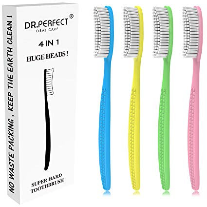 DR PEFECT Spazzolino da denti extra duro e rigido, con testa lunga e sbiancante, confezione da 4