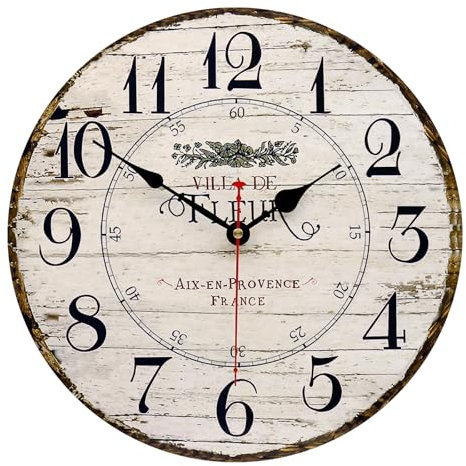 Toudorp Wanduhr, 35,6 cm, aus Holz, französischer Landhausstil, leise, batteriebetrieben, rund, Quarz, hochwertig, leicht zu lesen, dekorative Wanduhr, Vintage