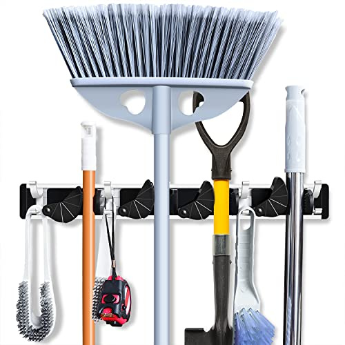 LOMEVE Mop And Broom Holder Wall Mount, Mop Holder, Garage Storage Garden Kitchen Tool Organizer Wall Hanger for Home Goods (4 Positions with 8 Hooks, Black)