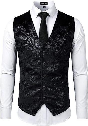 PARKLEES Gilet da uomo di lusso metallizzato Paisley oro stampato lucido per matrimonio ballo di fine anno gilet per abito o smoking, Nero , M