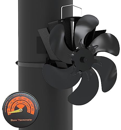 vounot Ventilateur Poêle à Bois 6 Lames avec Thermomètre Ventilateur Cheminée Appareil de Chauffage Alimenté Fixé sur le Tuyau de Cheminée pour Foyer, Poele a Granule, Foyer à Bois