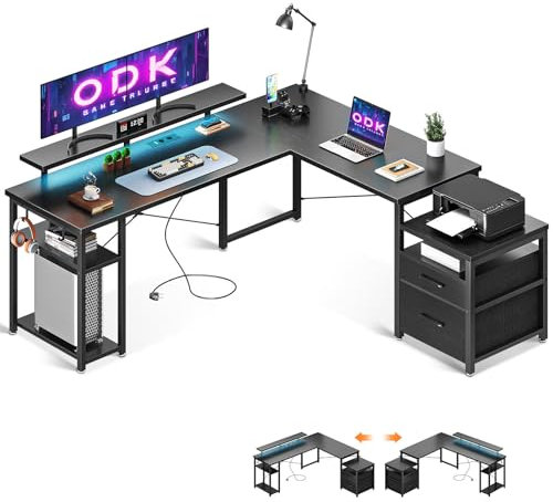 ODK Eckschreibtisch 168×160cm, Schreibtisch Schwarz, Bürotisch mit Regal und Lagerschrank, Schreibtisch L Form mit Monitorablage, Computertisch für Home Office