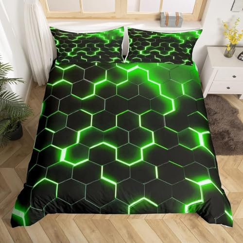 Homewish Geometric Duvet Cover Single Size,Teen Boys Green Black Neon Light Honeycomb Bedding Sets, Hexagon Comforter Modern Fashion Bedspread 1 Pillow Case Home Room Decor