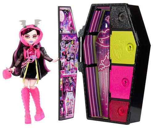 Monster High Skulltimate Secrets Draculaura-Puppe - Neon Frights Modeüberraschungen, Color-Reveal-Schlüssel, leuchtende Accessoires, für Kinder ab 6 Jahren, HNF78