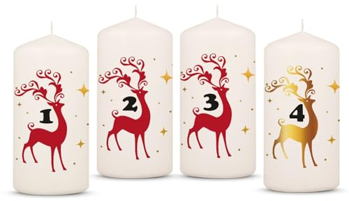 GRAVURZEILE Bedruckte Adventskerzen - Advent Hirsche - Weihnachtskerze für den Adventskranz 4er Set - Dekoration zu Weihnachten - Geschenk für Sie & Ihn - Stumpenkerze 120/58 mm