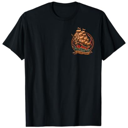 FRONT PRINT Idle Fury Traditional Tattoo Ship Storm Sea T-Shirt