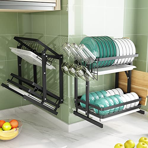 HJXGQJM Edelstahl Wandmontage Drain Rack Geschirrkorb, Klappbarer Küchengeschirrständer,2-stufiges Geschirr Abtropfständer, Schwarz 1 Stück Geschirrabtropfer