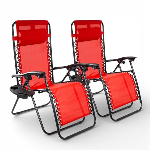 Pincho Tumbona Jardín Exterior Plegable de Gravedad Cero - Pack 2 Sillas Reclinables o Hamacas para Playa, Terraza y Camping con Portavasos, Ligeras y Cómodas (Burdeos)