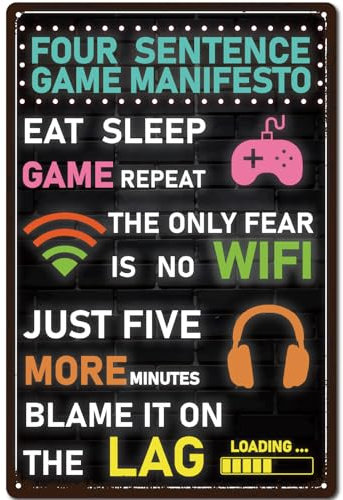 CREATCABIN Game Tin Sign Vintage Wall Sign Retro Metal Poster Art Printed Gaming Plaque Gallery Wall Signs Hanging Decoration for Bedroom Home Door Man Cave 12x8 Inch Four Sentence Game Manifesto
