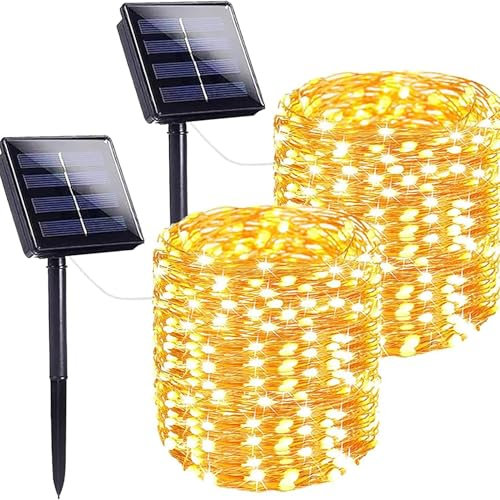 Katalia Guirnaldas Luces Solares LED Exterior 44m (2x22m) – 400 LED, 8 Modos, IP65, Blanco Cálido, Decoración Jardín, Terraza, Árbol, Fiestas, Navidad, Kit 2 Pack con Panel Solar
