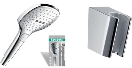 hansgrohe Raindance Select E - Pommeau de douche 3 types de jet, Douchette à main carré (diamètre 120 mm), Chromé & Porter'S. Support mural, chromé, 28331000