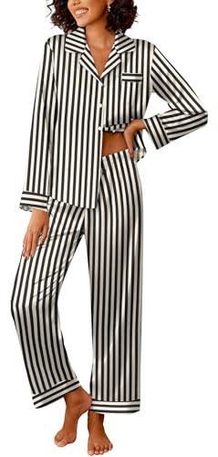 Ekouaer Womens Silk Satin Pajama Sets 2 Piece Sleepwear Pjs Set Long Sleeve Button Down Top and Pants Stripe Loungewear,L