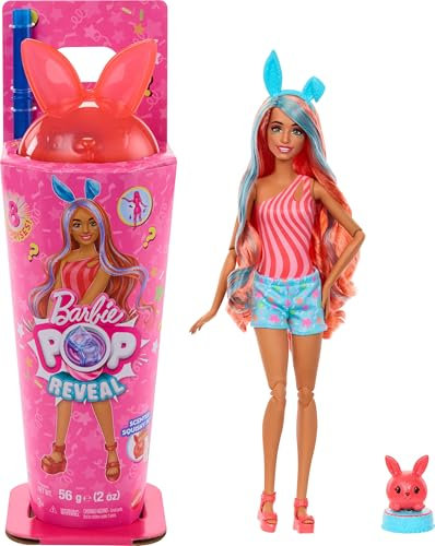 Barbie Pop Reveal Colección Batidos Conejito brillante Muñeca y accesorios, muñeca de moda perfumada, mascota perfumada y 8 sorpresas, incluye cambio de color, JCN88
