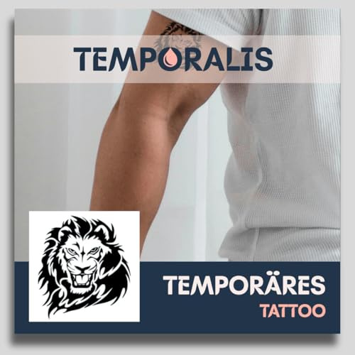 Fake Tattoo Löwen – Temporalis® | Temporäre Tattoos für Erwachsene – EU-zertifizierte Kosmetik, vegan & wasserfest – Hält 1 bis 2 Wochen [ Königliches Brüllen ]
