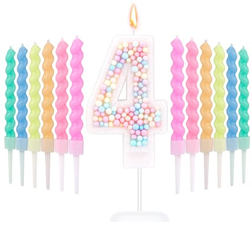 Macaron Zahlen-Geburtstagskerzen, Süß Zahlenkerzen mit 12 Regenbogen-Spiralkerzen Bonbonfarbe Tortenaufsatzkerze für Jahrestage Geburtstagsfeiern Hochzeiten Jungen Mädchen (4)