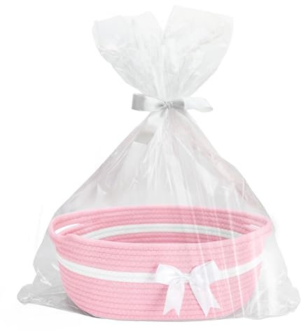 Gift Basket Empty, Woven Cotton Rope Basket with Gift Bags and Ribbons, Hamper Baskets for Gifts Empty With Handles, Cat Dog Toy Storage Basket for Baby Shower, Birthday,Wedding,Christmas (pink)
