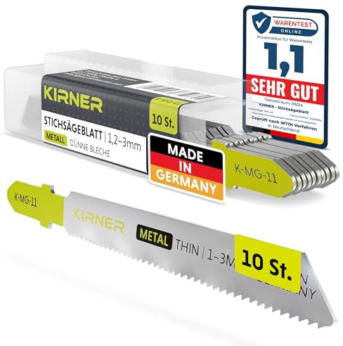 KIRNER Stichsägeblätter Metall 10 Stk. [ Profi Qualität ] präziser & sauberer Schnitt für dünne Bleche (1,2-3mm) - für jede Stichsäge mit T Schaft Aufnahme - Metallsägeblatt Stichsäge