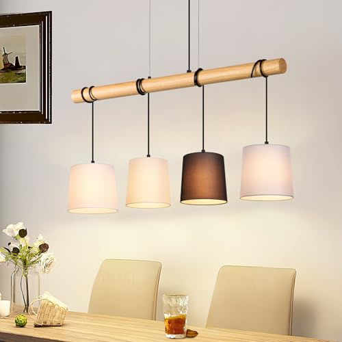 Glitzerlife Hängelampe Esstisch Pendelleuchte Holz Hängeleuchte 4 Flammig | Esstischlampe E27 Weiß Vintage Metall Esszimmerlampe Pendellampe aus Stoff für Esszimmer Wohnzimmer Büros