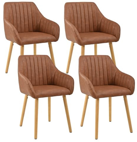 Goeurvant Esszimmerstuhl Braun Kunstleder Holzbeine 4er Set Armlehnenstuhl Küchenstuhl Polsterstuhl mit Armlehne Stühle Esszimmer Wohnzimmerstuhl für Küche, Esszimmer